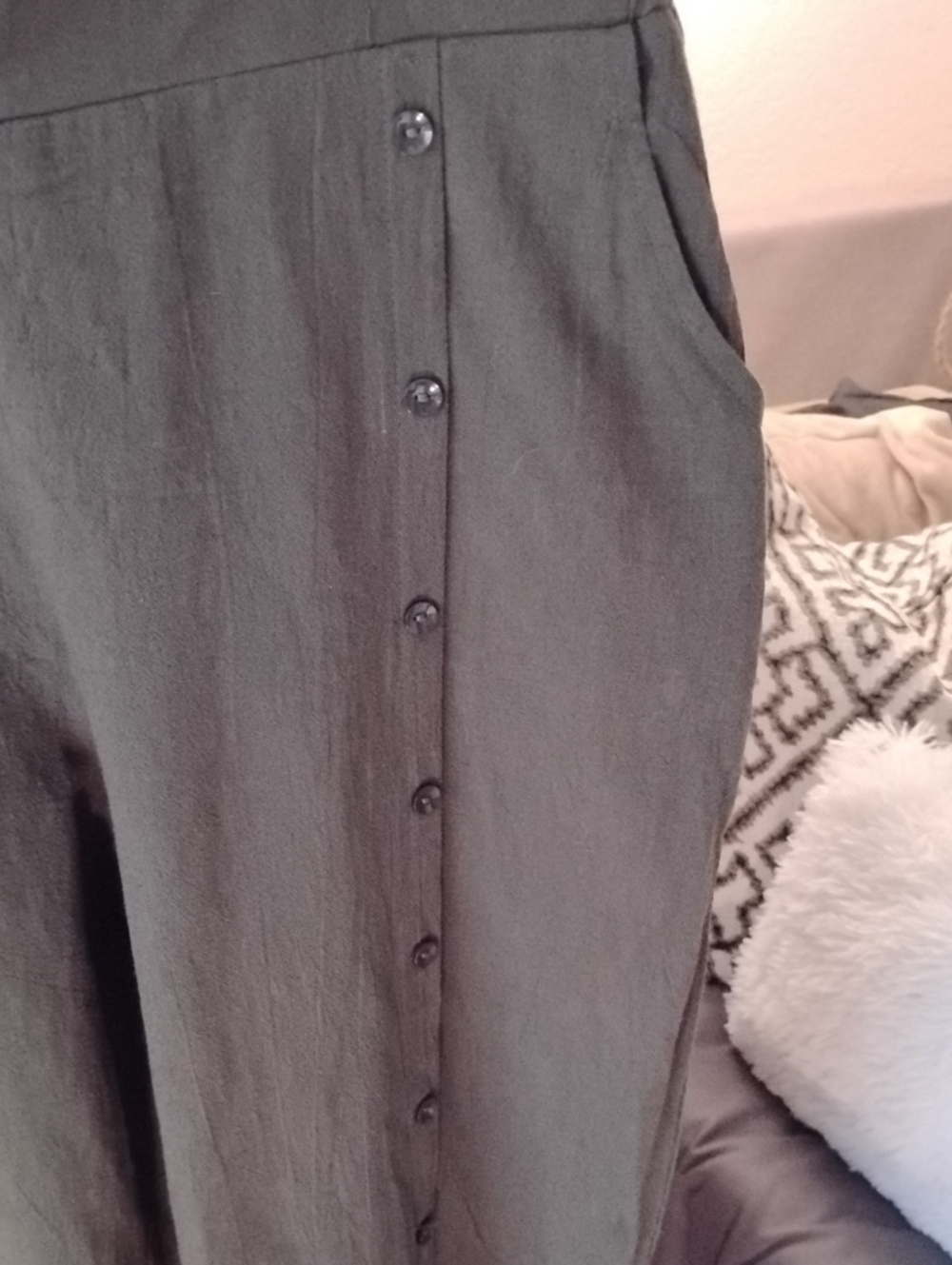100% Cotton Linen-look Wide-Leg Boho Style Pants — Olive (XL) - Picture 4 of 10
